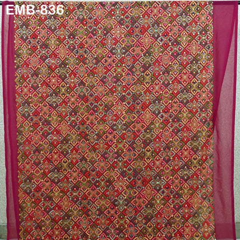 Raspberry Embroidered Georgette Fabric by Yard Indian Embroidery Sewing Curtain DIY Crafting Summer Women Dress Material Drapery Home Decor