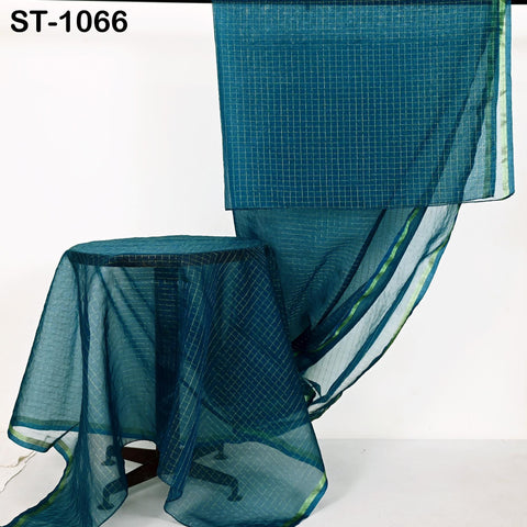 Teal blue organza dupatta with golden zari check pattern, sheer and lightweight fabric ideal for ethnic wear and bridal styling.