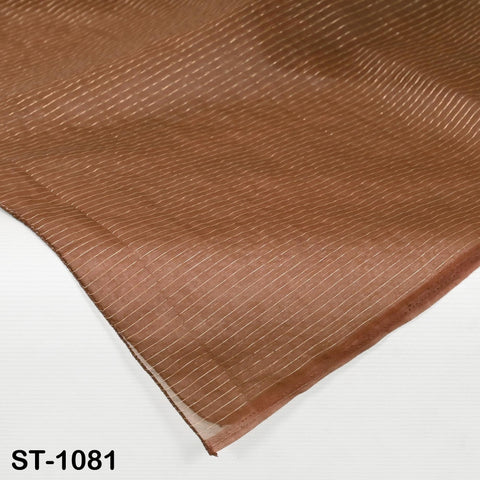 Vertical gold-lined organza dupatta in rich brown, shown folded on a hanger, ideal for ethnic fashion.