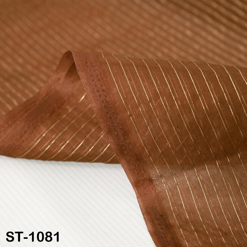 Chocolate brown organza dupatta with fine vertical gold stripes, displayed folded and hanging, ideal for Indian bridal wear, festive attire, or lehenga styling.