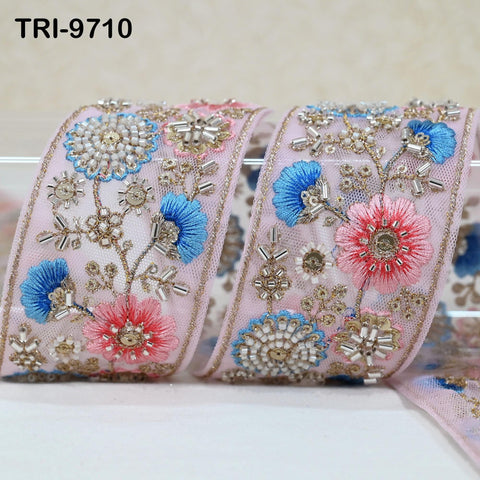 9 Yard Pink Indian Embroidery Ribbon Beaded Trim Sari Border DIY Craft Lampshade Regency Reticules Victorian Handbags Junk Journal 5cm