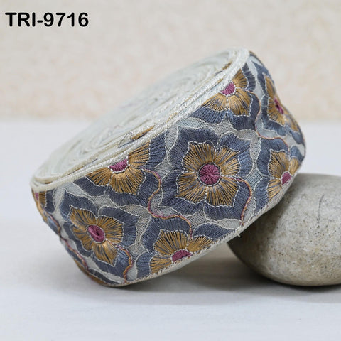 3 Yard Indian Embroidery Tulle Ribbon Trim Embellishment Crafting Embroidered Sari Border Wedding Bridal Sash Belt Grey Junk Journal 6 cm