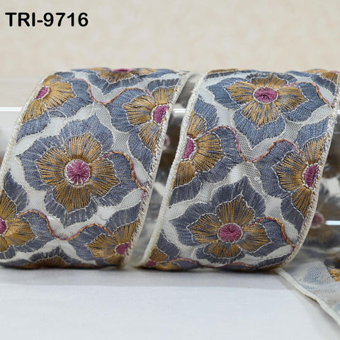 9 Yard Indian Embroidery Tulle Ribbon Trim 6 cm Embellishment Crafting Embroidered Sari Border Wedding Bridal Sash Belt Grey Junk Journal