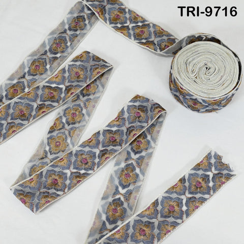 9 Yard Indian Embroidery Tulle Ribbon Trim 6 cm Embellishment Crafting Embroidered Sari Border Wedding Bridal Sash Belt Grey Junk Journal