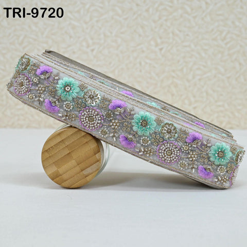 9 Yard Lavender Embroidery Ribbon Beaded Trims Sari Border DIY Craft Lampshade Regency Reticules Victorian Handbags Junk Journal 5cm Indian