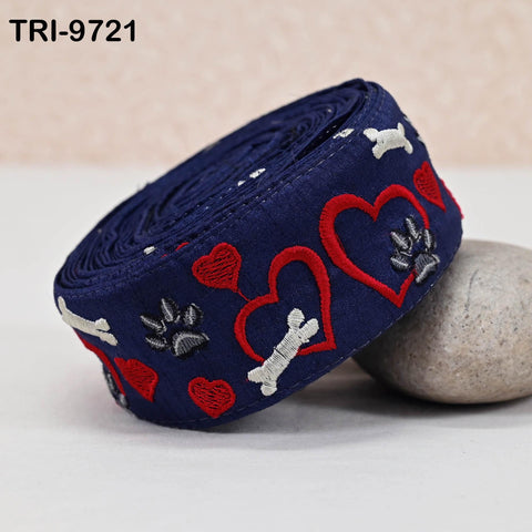 9 Yard Navy Blue Embroidery Ribbon Trim Hearts Indian Sari Border DIY Crafting Sewing Bag Straps for Kids Junk Journals Pet Accessories 5 cm