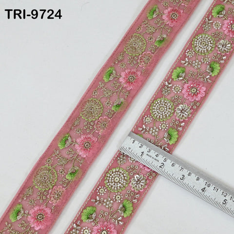9 Yard Pink Embroidery Ribbon Beaded Trims Sari Border DIY Craft Lampshade Regency Reticules Victorian Handbags Junk Journal 5cm Indian