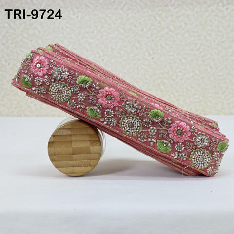 9 Yard Pink Embroidery Ribbon Beaded Trims Sari Border DIY Craft Lampshade Regency Reticules Victorian Handbags Junk Journal 5cm Indian