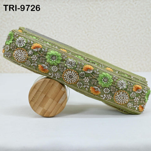 9 Yard Green Embroidery Ribbon Beaded Trims Sari Border DIY Craft Lampshade Regency Reticules Victorian Handbags Junk Journal 5cm Indian