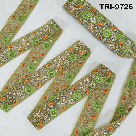 9 Yard Green Embroidery Ribbon Beaded Trims Sari Border DIY Craft Lampshade Regency Reticules Victorian Handbags Junk Journal 5cm Indian