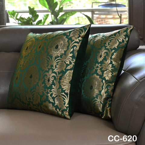 Banarasi brocade cushion cover in green with antique gold woven detailing.