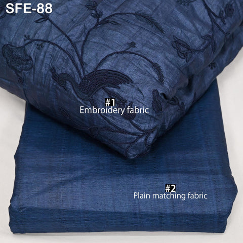 Pure Tussar Silk Embroidered Fabric by yard Indian Black Embroidery Raw Silk Wild Natural Handmade Fabric Peace Silk Tussah Dress Material