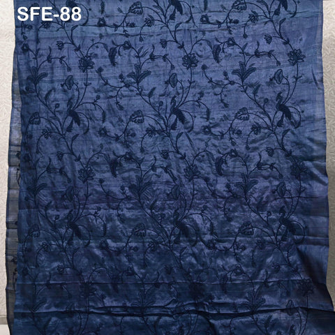 Pure Tussar Silk Embroidered Fabric by yard Indian Black Embroidery Raw Silk Wild Natural Handmade Fabric Peace Silk Tussah Dress Material