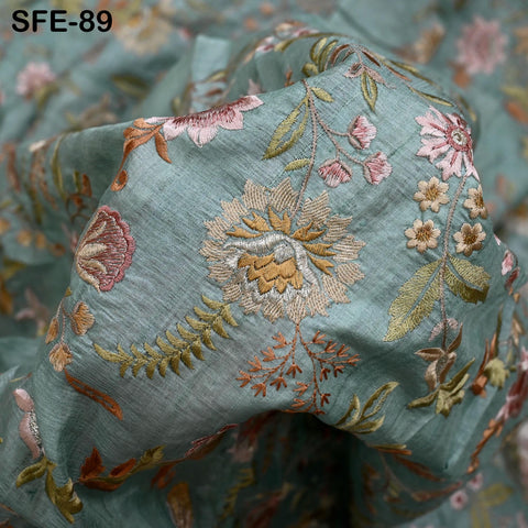 Beige Tussar Silk Embroidered Fabric by the Yard
