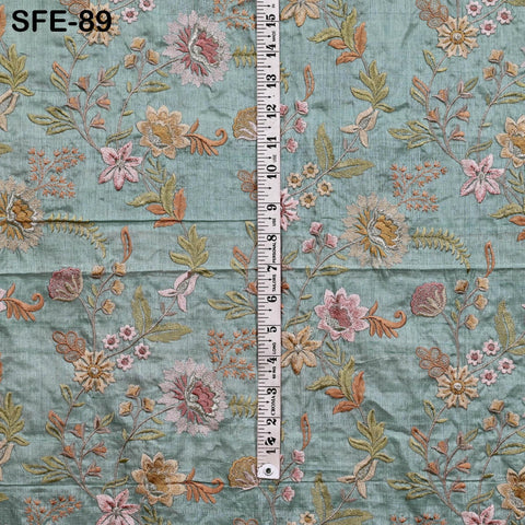 Beige Tussar Silk Embroidered Fabric by the Yard