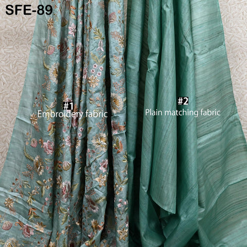 Pure Tussar Silk Embroidered Fabric by yard Indian Beige Embroidery Raw Silk Wild Natural Handmade Fabric Peace Silk Tussah Dress Material