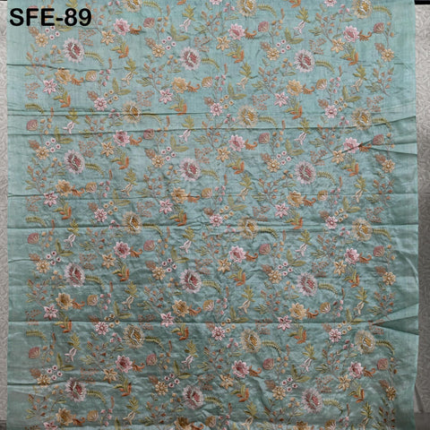 Beige Tussar Silk Embroidered Fabric by the Yard
