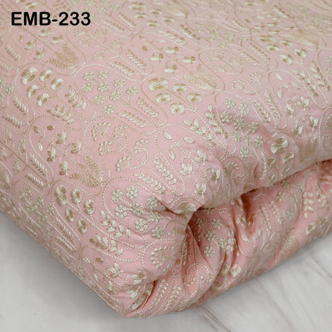 Peachy Pink Cotton Fabric by Yard: Ivory Floral Embroidery, Soft Indian Dress Fabric
