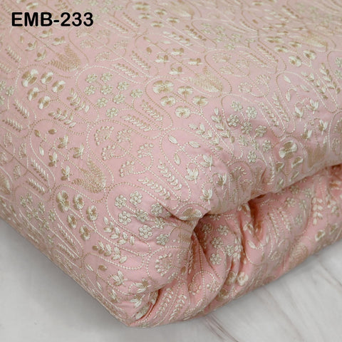 Peachy Pink Cotton Fabric by Yard: Ivory Floral Embroidery, Soft Indian Dress Fabric