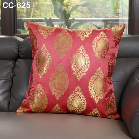 Maroon Gold Brocade Cushion Cover | Indian Silk Throw Pillow | Traditional Decorative Pillowcase | Wedding Decor | Festive Housewarming Gift