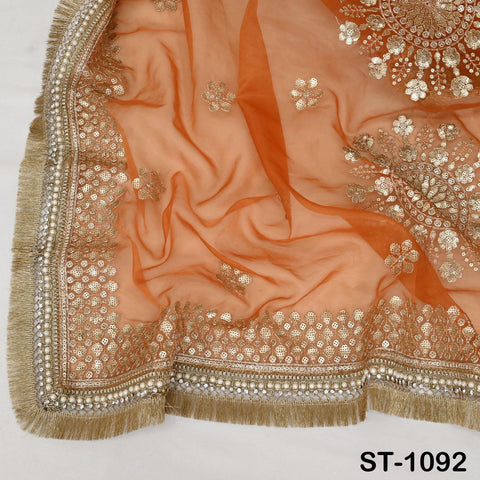 Orange Dupatta Sequin Embroidery Organza Dupatta Light Weight Indian Bridal Wedding Lehenga Women Chunni Veil Scarf Crafting Dress Gift Her