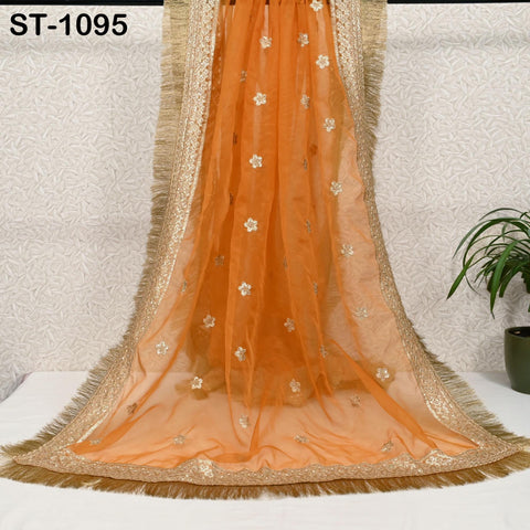 Orange Dupatta Sequin Embroidery Organza Dupatta Light Weight Indian Bridal Wedding Lehenga Women Chunni Veil Scarf Crafting Dress Gift Her