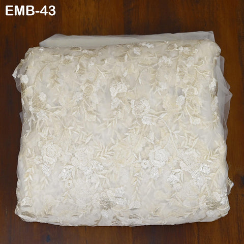 White Net Tulle Embroidery Sari Fabric Floral Embroidered Fabric by the Yard Indian fabric Saree Crafting Sewing wedding dress costumes doll