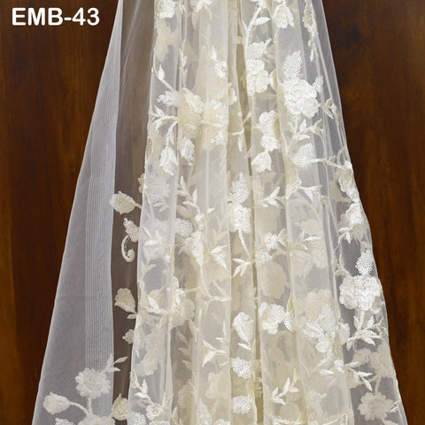 White Net Tulle Embroidery Sari Fabric Floral Embroidered Fabric by the Yard Indian fabric Saree Crafting Sewing wedding dress costumes doll