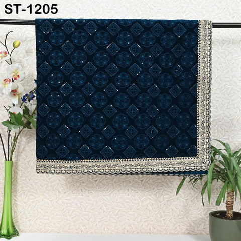 Teal Embroidered Velvet Shawl Designer Dupatta Embroidery on edges Gift Indian Chunni Bridal Veil Lehenga Festival Punjabi Wedding