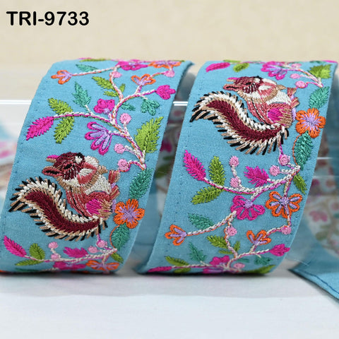 9 Yard Blue Indian Embroidery Ribbon 5cm Trim Squirrel Sari Border DIY Crafting Sewing Bag Straps Regency Reticules Home Decor Junk Journals