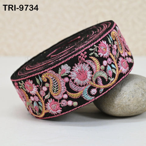 9 Yard Black Indian Embroidery Ribbon Trim Floral Sari Border DIY Crafting Sewing Bag Strap Regency Reticules Home Decor Junk Journals 5 cm