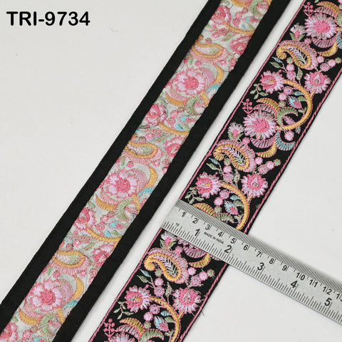9 Yard Black Indian Embroidery Ribbon Trim Floral Sari Border DIY Crafting Sewing Bag Strap Regency Reticules Home Decor Junk Journals 5 cm