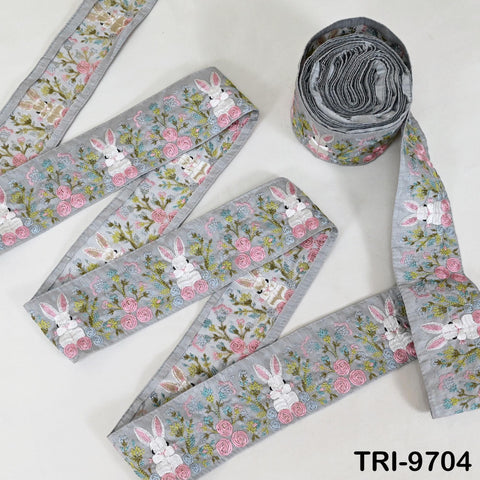 9 Yard Rabbit Embroidery Ribbon 8cm Indian Embroidered Fabric Trim Laces Sari Border Sewing Kids Accessory Junk Journals DIY Crafting Grey
