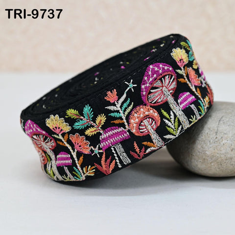 3 Yard Black Indian Embroidery Ribbon Mushroom Sari Border DIY Craft Sewing Bag Straps Regency Reticules Home Decor Junk Journal 5cm Trim