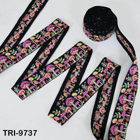9 Yard Black Indian Embroidery Ribbon 5cm Trim Mushroom Sari Border DIY Craft Sewing Bag Straps Regency Reticules Home Decor Junk Journal