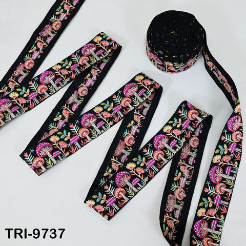 3 Yard Black Indian Embroidery Ribbon Mushroom Sari Border DIY Craft Sewing Bag Straps Regency Reticules Home Decor Junk Journal 5cm Trim