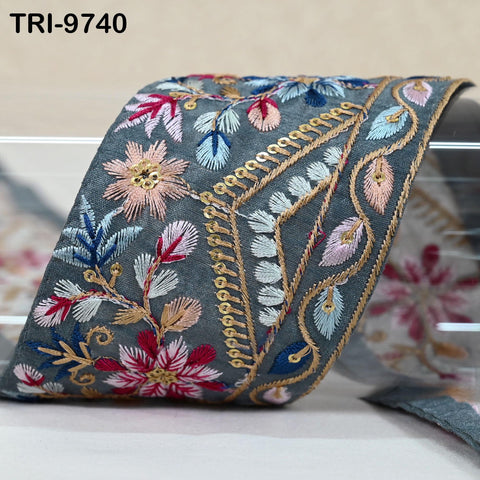 9 Yard Grey Indian Ribbon Trims 8cm Embroidered Decorative Fabric Laces Sari Border Saree Curtains Home Decor Sewing Accessory DIY Crafting