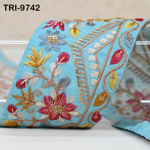 9 Yard Blue Indian Ribbon Trims 8cm Embroidered Decorative Fabric Laces Sari Border Saree Curtains Home Decor Sewing Accessory DIY Crafting