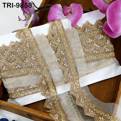 Dyeable Organza Lace Border - Gold Trim by 3 Yard Indian Laces – Gold Zari Handmade Trim for Bridal Sarees, Dupattas Indian Trim for Lehenga