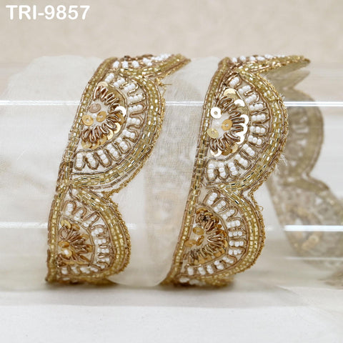 Handmade Gold Embroidered Saree Border on Dyeable Organza – Indian Handmade Trim for Dupatta & Lehenga - Trim by 3 Yard bridal couture Lace