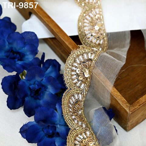 Handmade Gold Embroidered Saree Border on Dyeable Organza – Indian Handmade Trim for Dupatta & Lehenga - Trim by 3 Yard bridal couture Lace