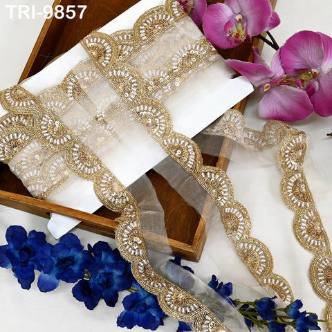 Handmade Gold Embroidered Saree Border on Dyeable Organza – Indian Handmade Trim for Dupatta & Lehenga - Trim by 3 Yard bridal couture Lace