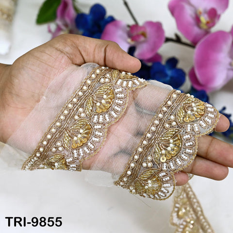 Handmade Gold Embroidered Saree Border on Dyeable Organza – Indian Handmade Trim for Dupatta & Lehenga - Scallop Edge bridal Trim by 3 Yard