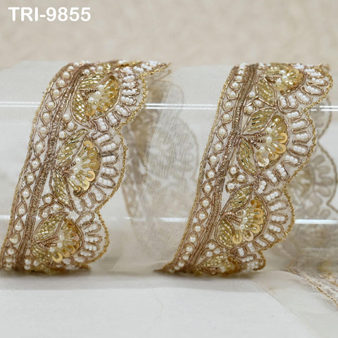 Handmade Gold Embroidered Saree Border on Dyeable Organza – Indian Handmade Trim for Dupatta & Lehenga - Scallop Edge bridal Trim by 3 Yard