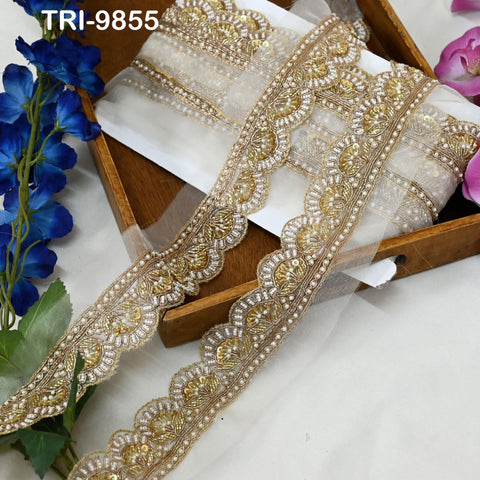 Handmade Gold Embroidered Saree Border on Dyeable Organza – Indian Handmade Trim for Dupatta & Lehenga - Scallop Edge bridal Trim by 3 Yard