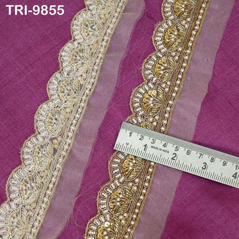 Handmade Gold Embroidered Saree Border on Dyeable Organza – 1.5 inches, Indian Handmade Trim for Dupatta & Lehenga - Scallop Edge bridal Trim by 3 Yard