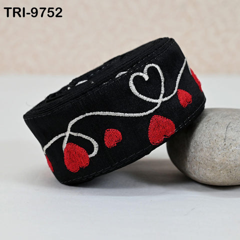3 Yard Black Embroidery Ribbon 5 cm Trim Hearts Indian Sari Border DIY Crafting Sewing Bag Straps for Kids Junk Journals Pet Accessories
