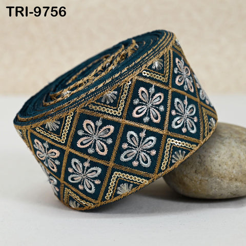 3 Yard Teal Green Border Embroidered Crafting Sewing Lampshade Home Decor Junk Journals Costumes Embroidery Ribbons Indian Sari Trimming 6cm