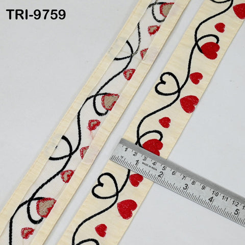1 Meter Ivory Embroidery Ribbon Trim Hearts Indian Sari Border DIY Crafting Sewing Bag Straps for Kids Junk Journals Pet Accessories 5 cm