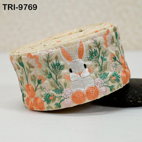 3 Yard Rabbit Embroidery Ribbon Indian Embroidered Fabric Trim Laces Sari Border Sewing Kids Accessory Junk Journals DIY Crafting Beige 8cm